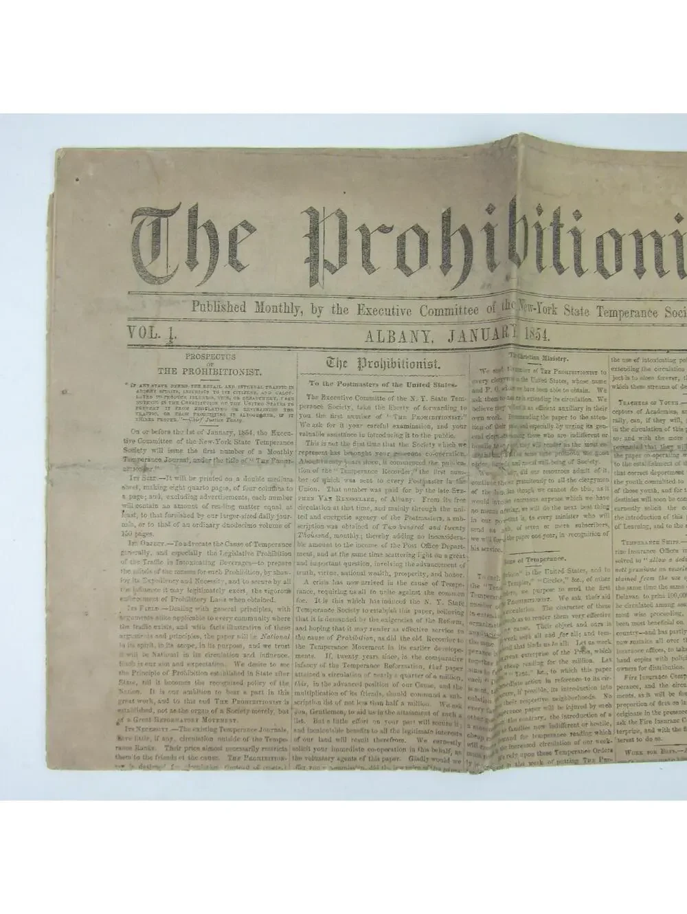 The Prohibitionist Newspaper New York Temperance Society #1 Antique 1854 RARE